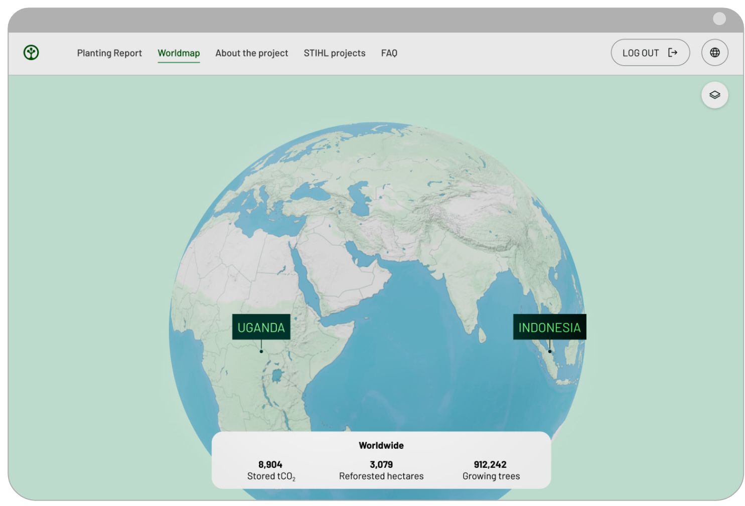Website of TREEO showing a map with it's locations in Uganda and Indonesia.